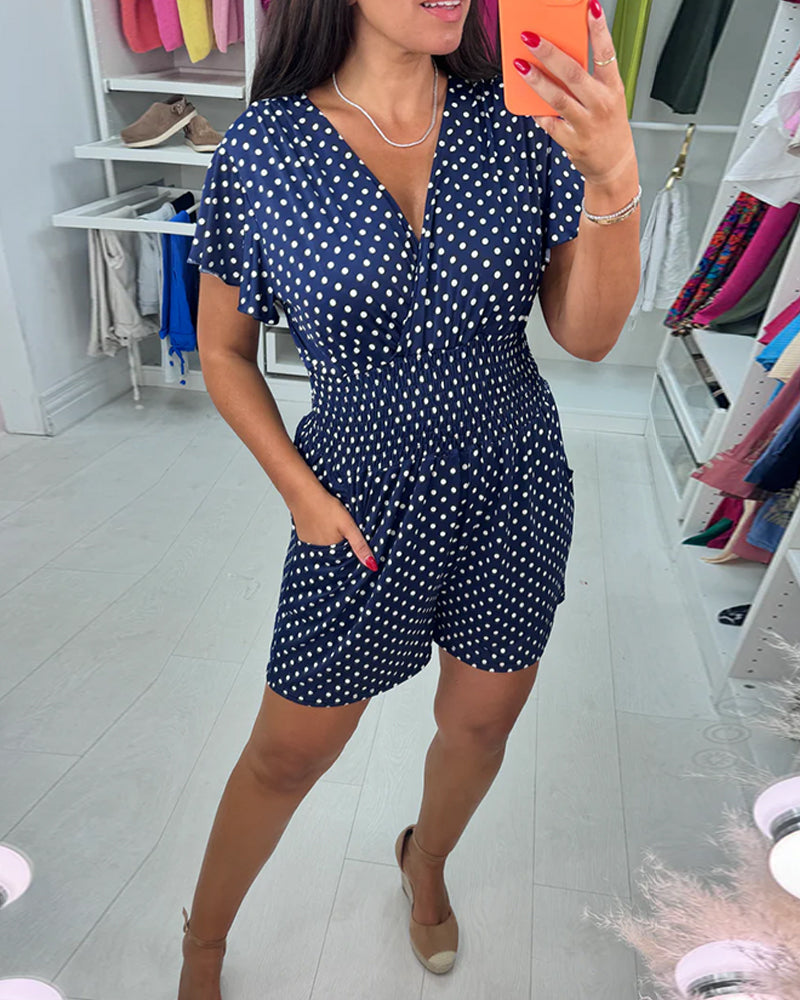 Casual polka dot printed V-neck short-sleeve jumpsuit