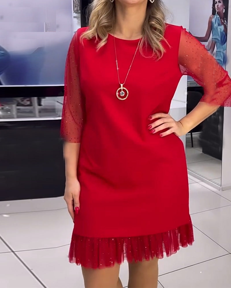 Solid color mesh stitching sequin dress