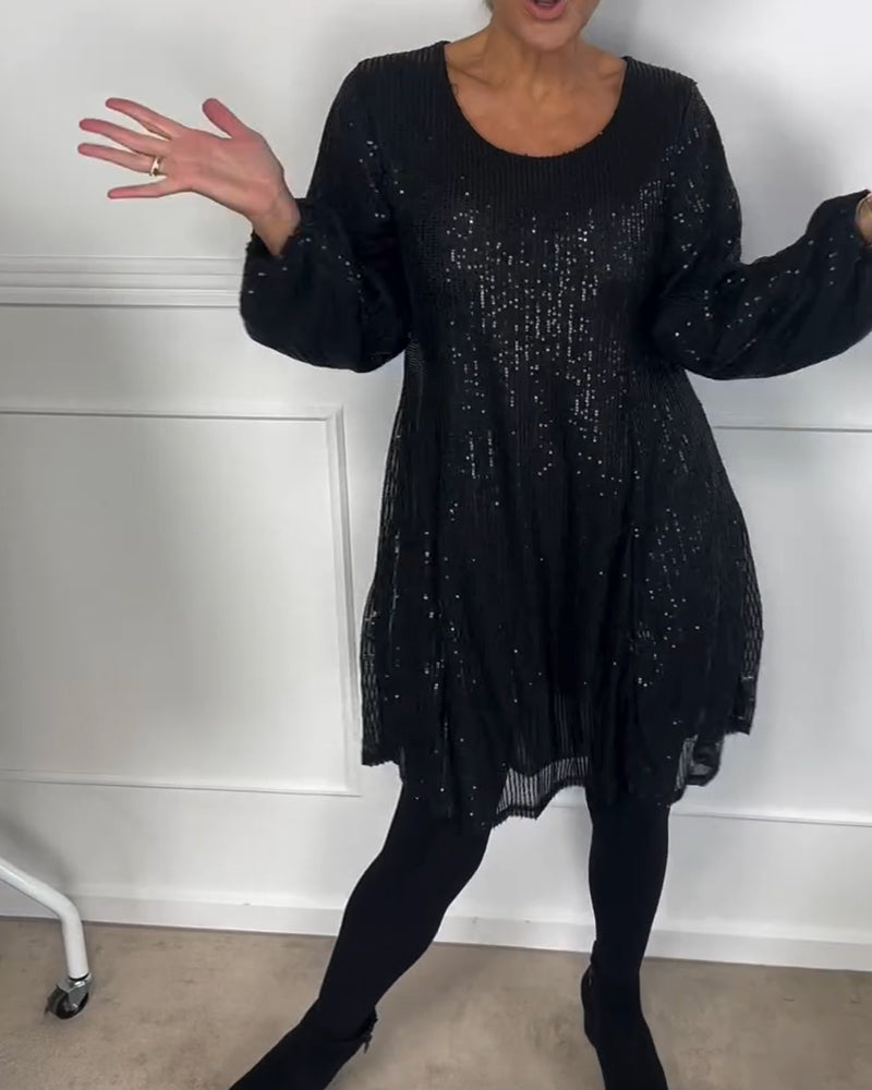 Elegant lantern sleeve sequined a-line dress