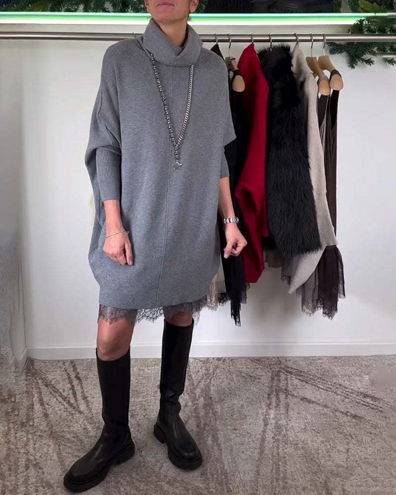 High Collar Bat Sleeve Suspenders Lace Mesh Dress Suit