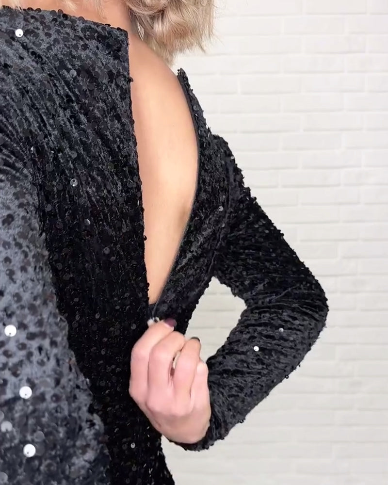 V-neck Sequined Slit Party Dress