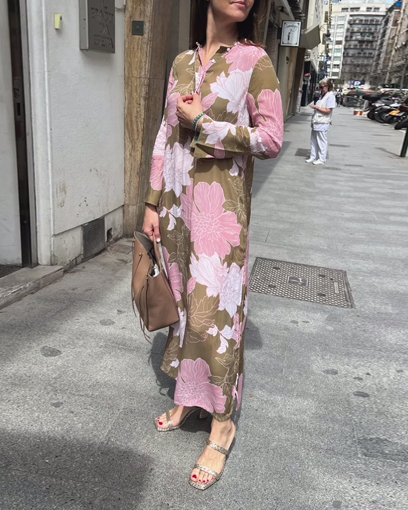 Casual floral print long sleeve slit maxi dress