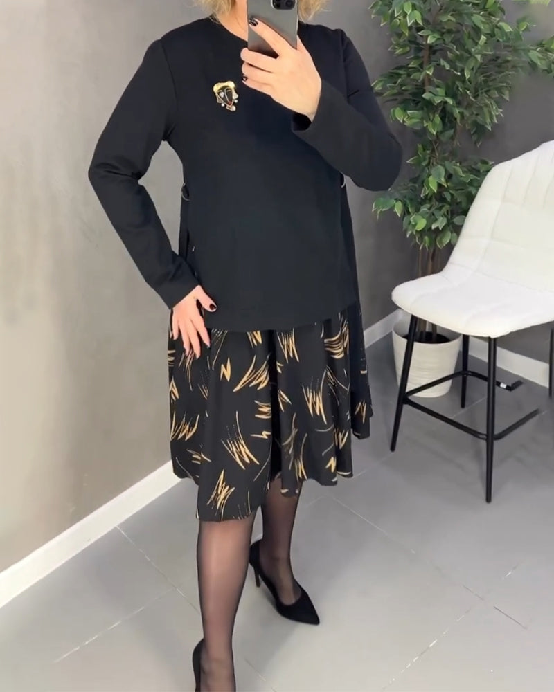 Casual Loose Print Dress with Round Neck