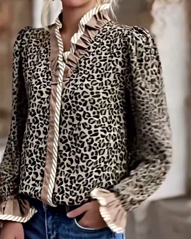 Casual Leopard Print Long-Sleeved Blouse
