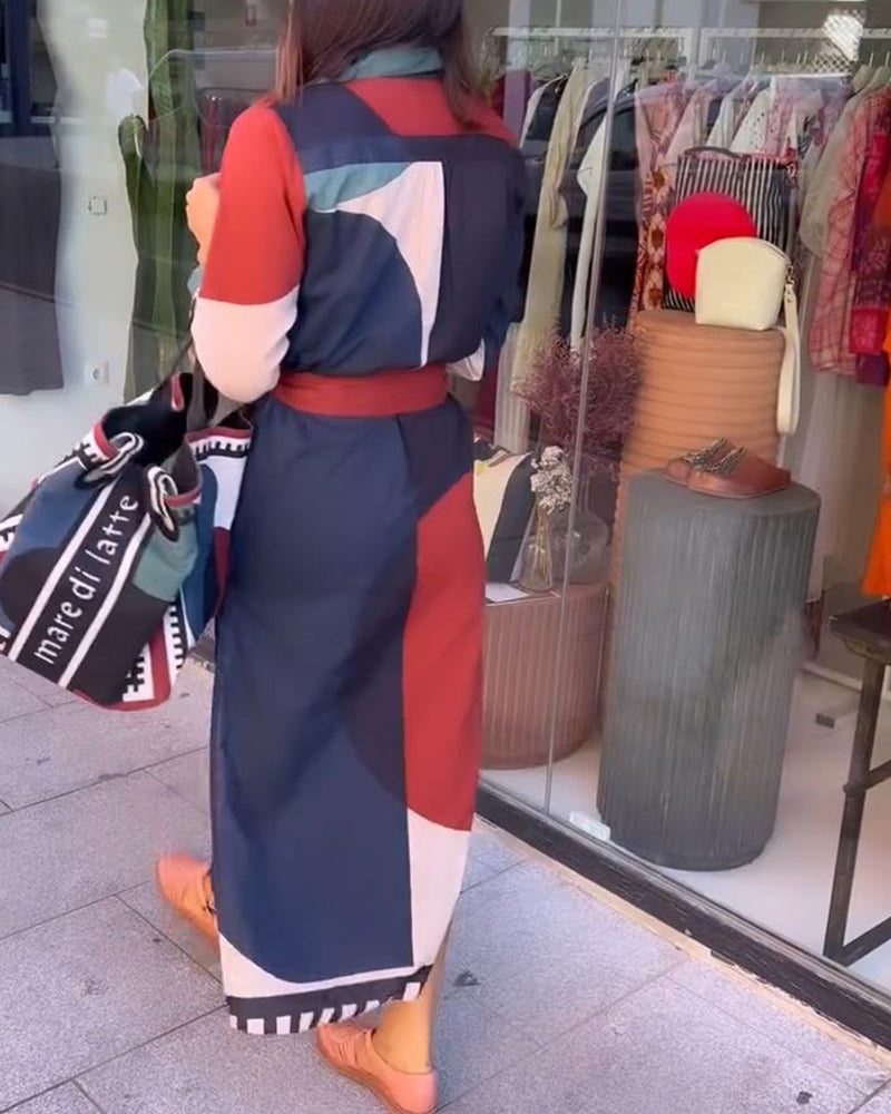 Casual color block printed lapel lace-up dress