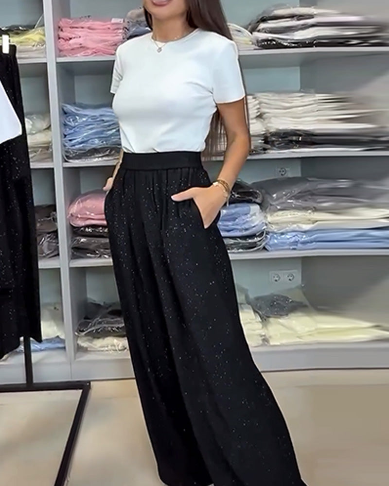 Stylish High-Waisted Shiny Wide-Leg Pants