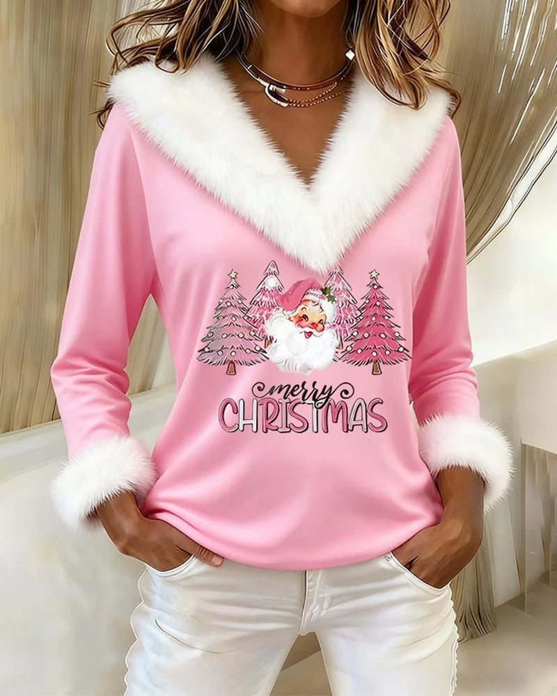 Large Fur Collar Printed Top