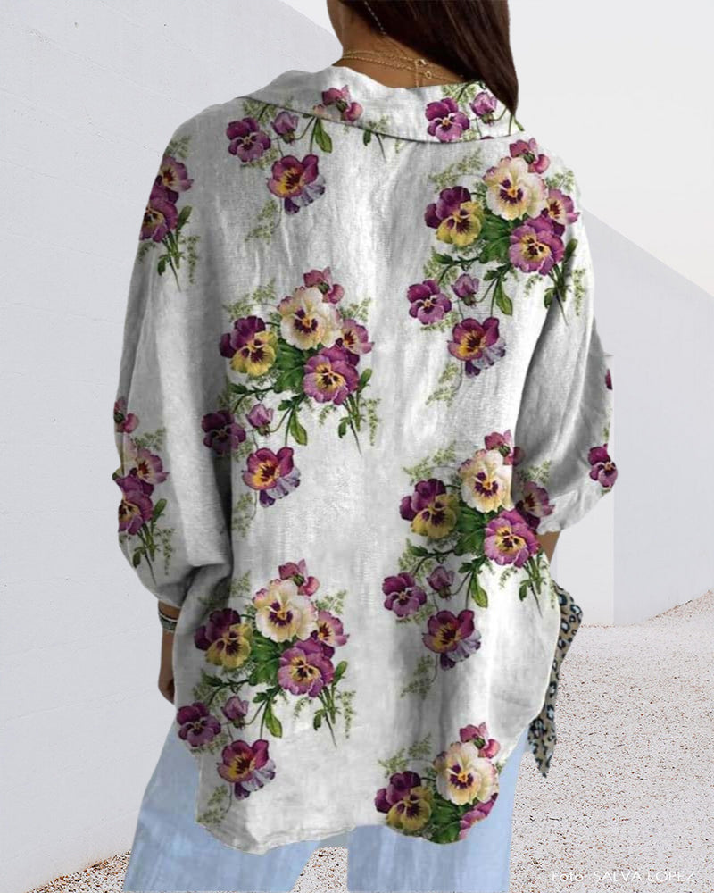 Casual floral print three quarter sleeve shirt