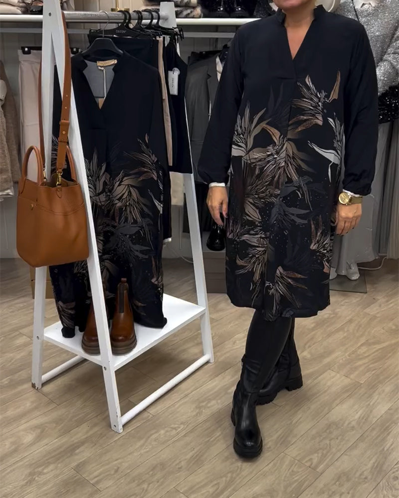 V-Neck Leaf Print Long-Sleeved Dress