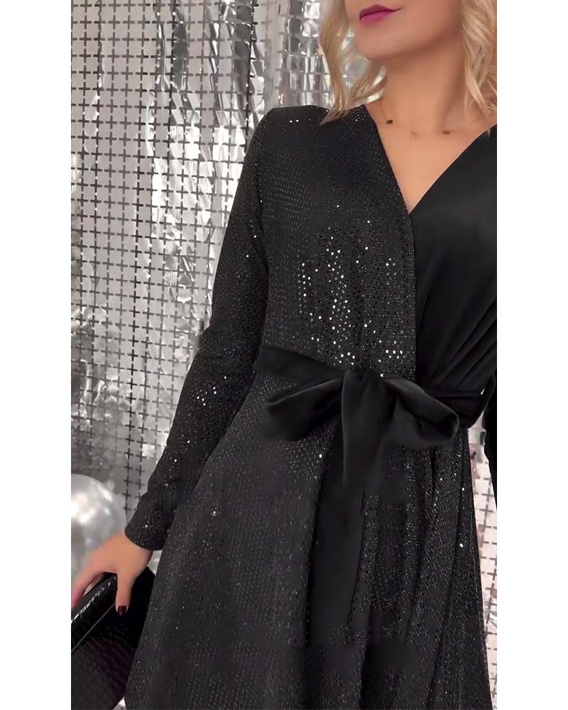 Sexy Wrap Chest Sequined Velvet Lace-Up Dress