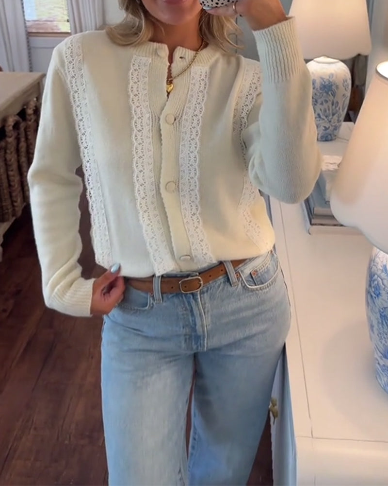 Elegant Lace-Trimmed Button-Down Cardigan