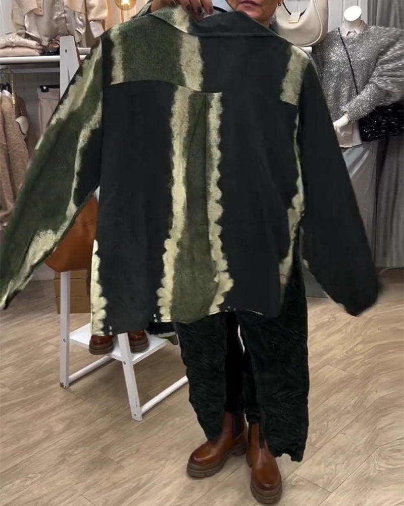 Lapel Retro Color Block Long Sleeve Shirt