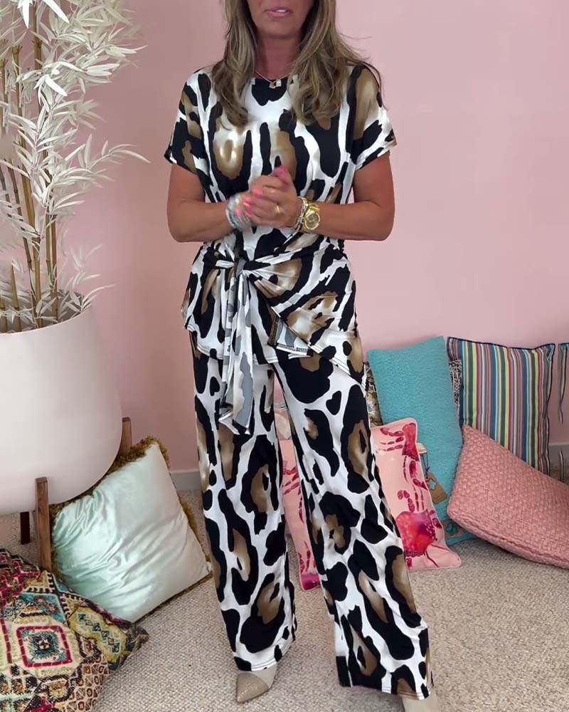 Leopard print lace-up casual two-piece set