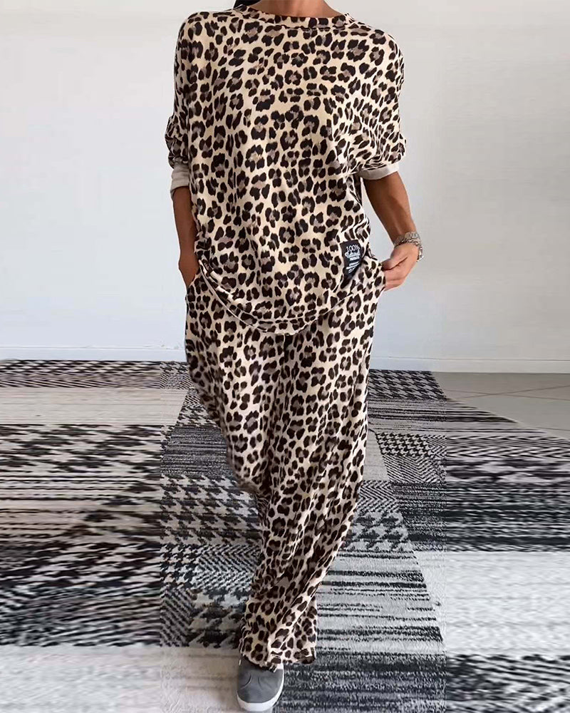 Casual leopard print crew neck pocket top wide leg pants set