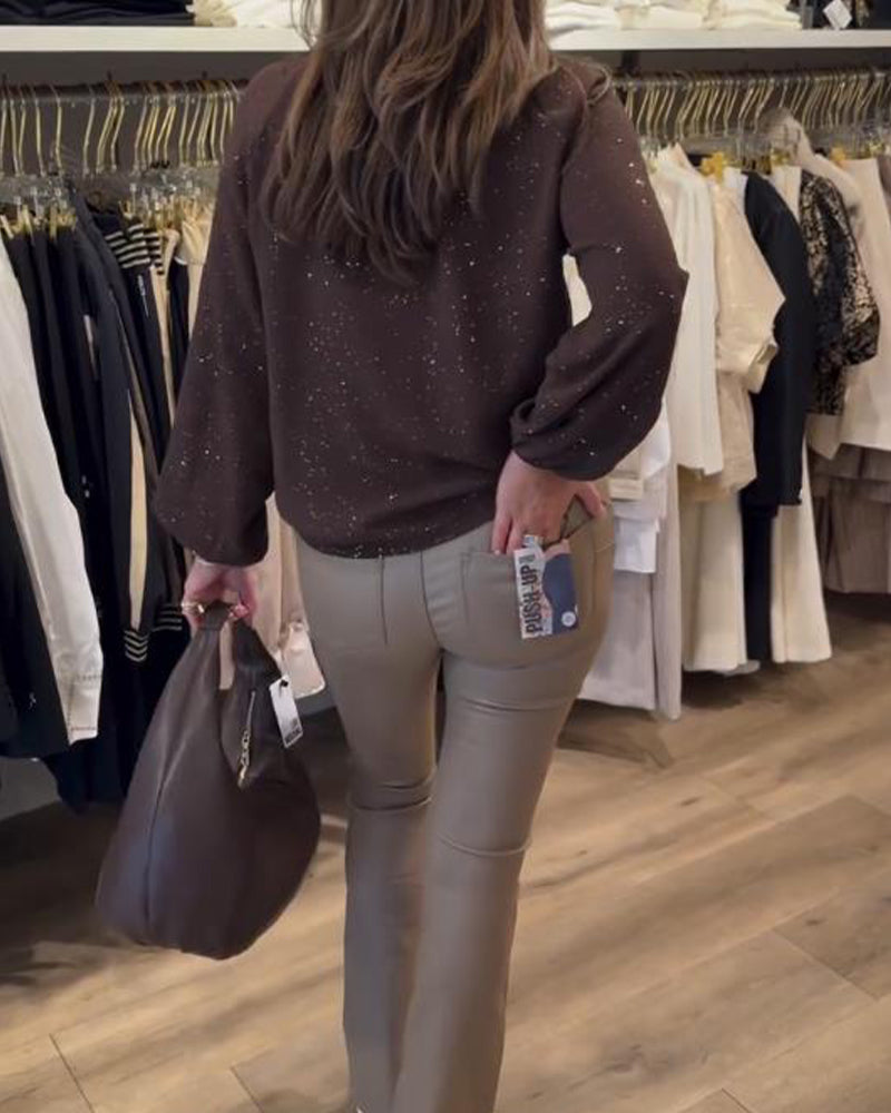 Ribbon Puff-Sleeve Shimmer Elegant Blouse