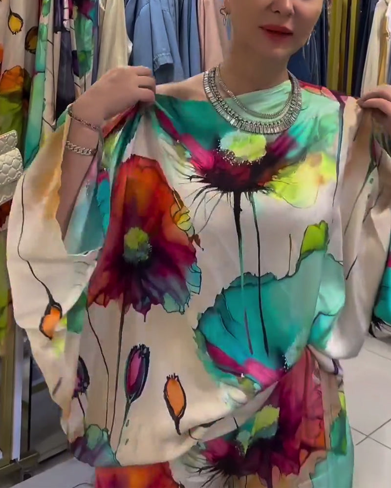 Lotus print one-shoulder three-quarter sleeve set