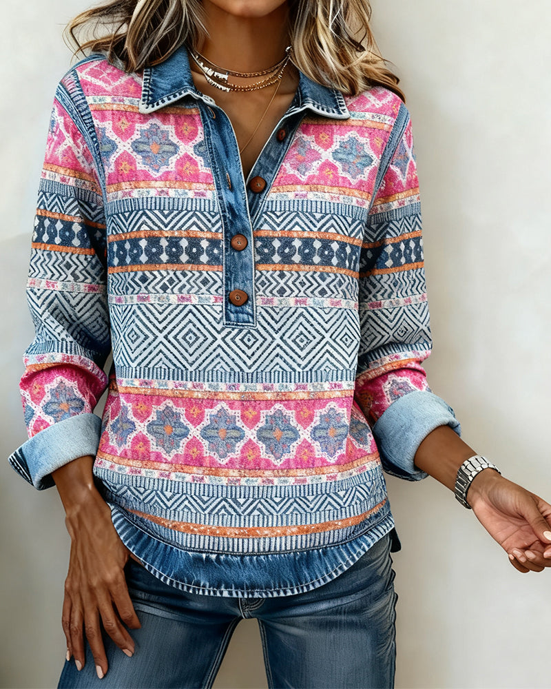 Button-Blocked Color-Blocked Sweatshirt