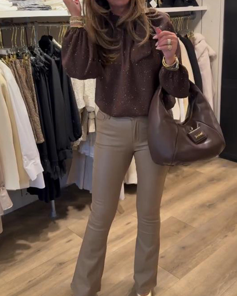 Ribbon Puff-Sleeve Shimmer Elegant Blouse