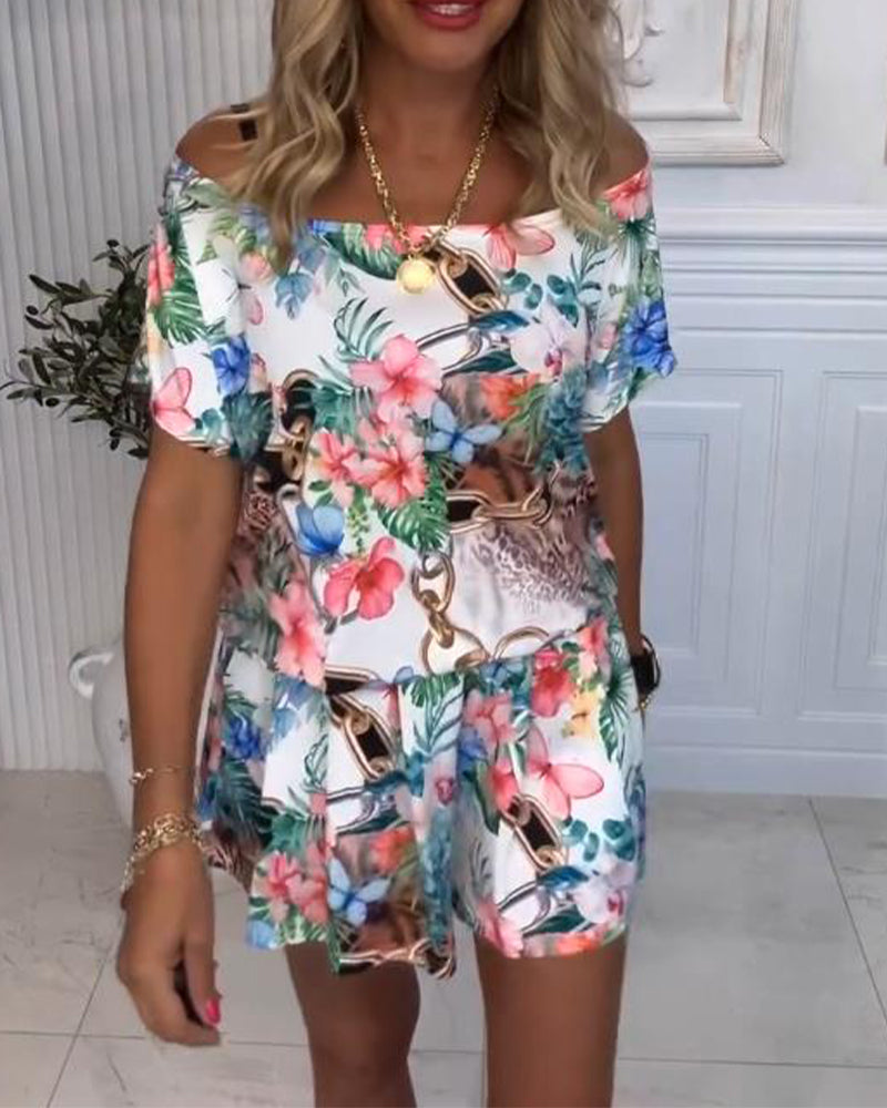 Plant and Flower Patterns, Off-the-Shoulder Jumpsuit