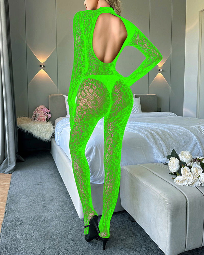 Long-Sleeved One-Piece Fishnet Stockings Underwear