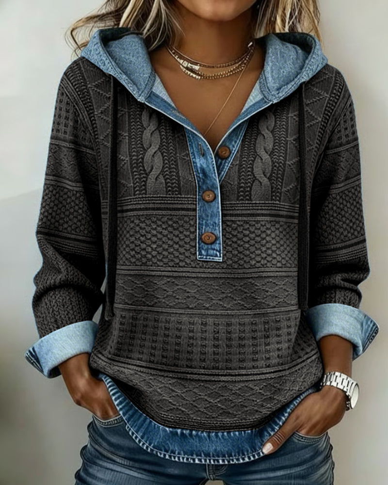 Cable Knit Denim Patchwork Hoodie