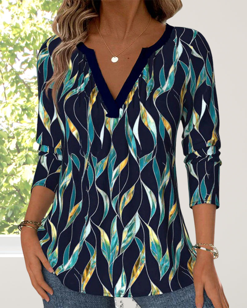 Casual Leaf Print V-Neck T-Shirt