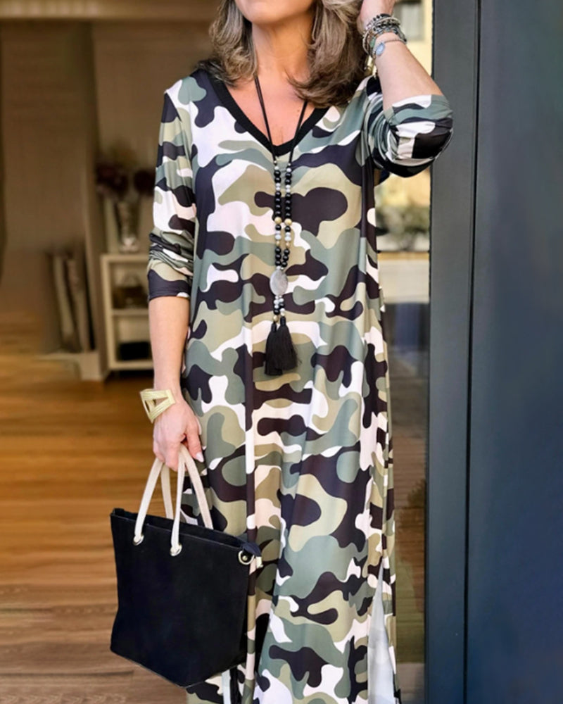 Camouflage Print V-Neck Dress