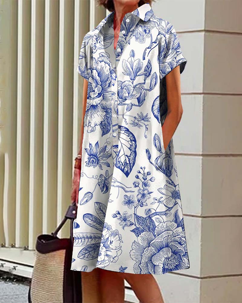 Casual elegant printed dress with lapel pockets
