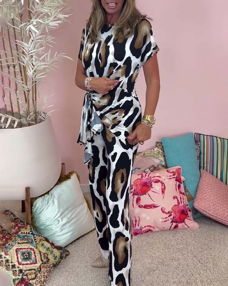 Leopard print lace-up casual two-piece set