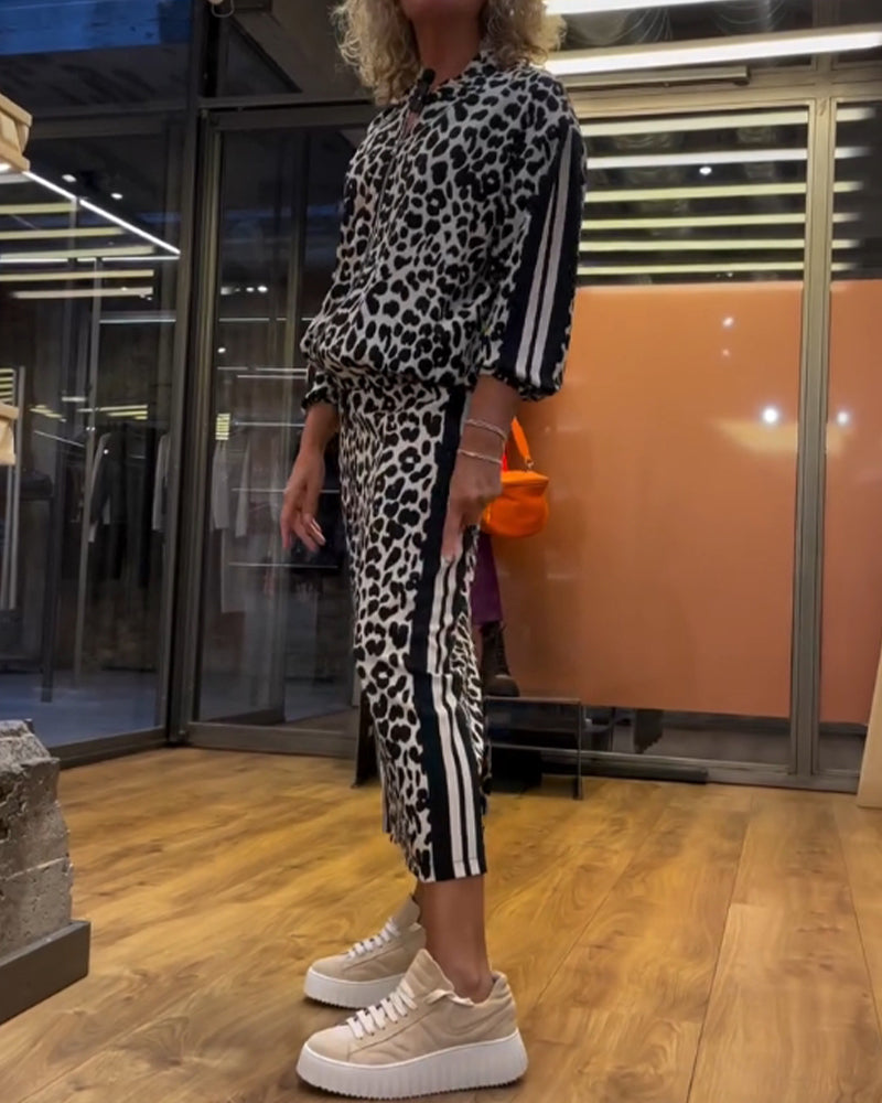 Leopard print striped skirt two-piece set