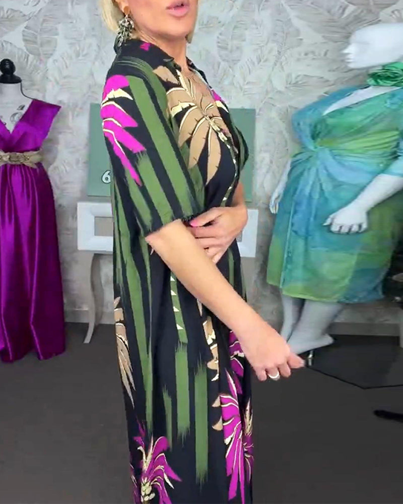 Casual leaf print slit short sleeve loose dress